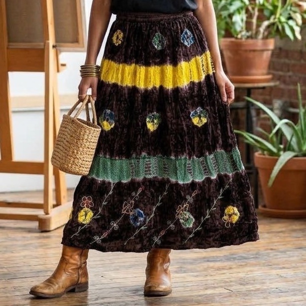 Boho Tie Dye Crushed Velvet Maxi Skirt Floral Embroidered Pull On Large Brown